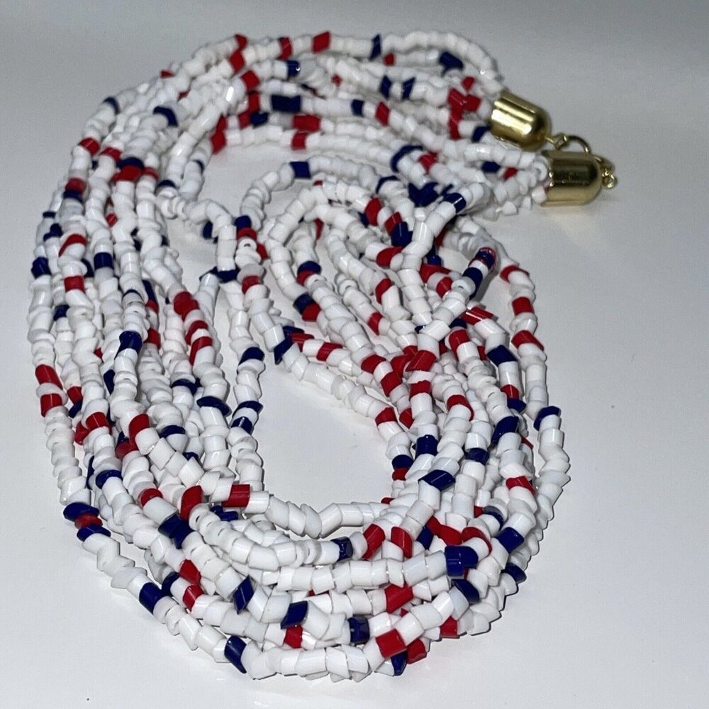 Vintage Red White & Blue Beaded Necklace 6 Strand 25” Long Statement Patriotic - Picture 2 of 10